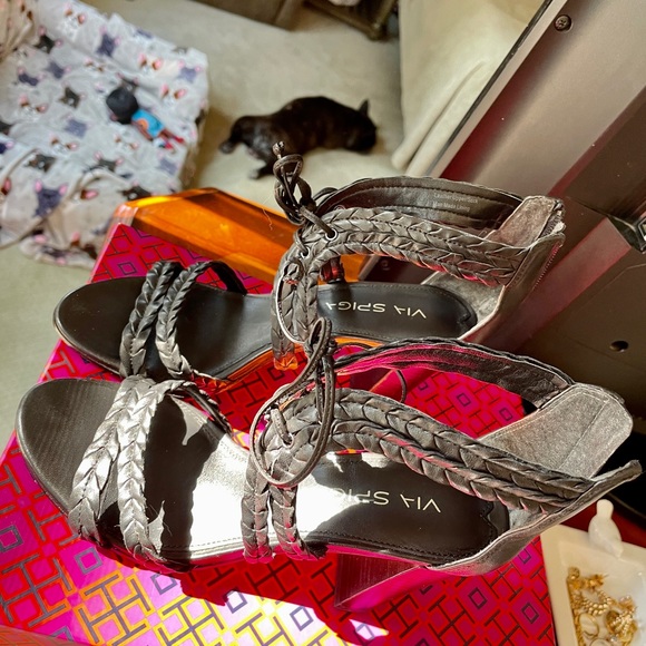 Black Vintage Via Spiga Lace Tie Up Heels - Picture 4 of 11